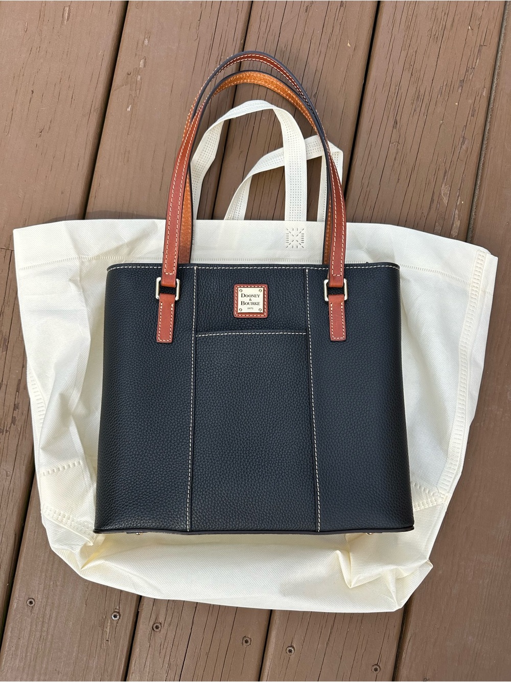 Dooney & Bourke Black Pebbled Leather Tote with Brown Handles